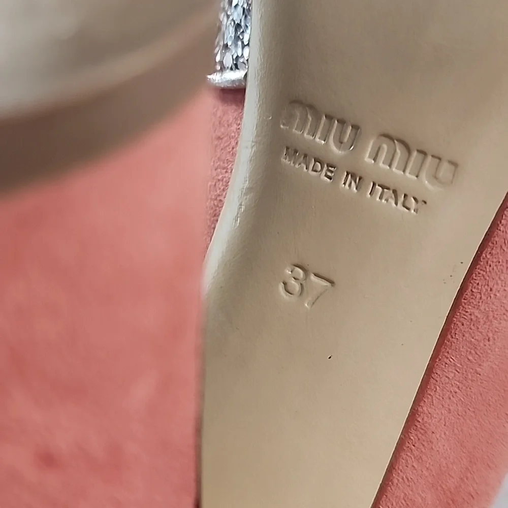 Miu Miu Silver Coral Coarse Glittery and Suede Peep Toe Pumps Heels. 37 - Picture 10 of 13